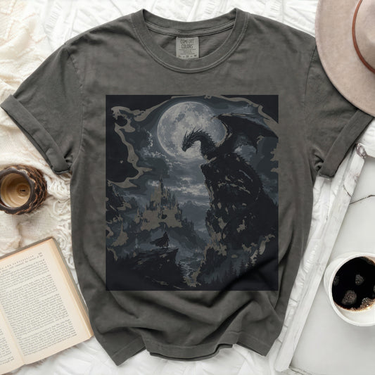 Dark grey Comfort Colors t-shirt with dragon graphic and moon.