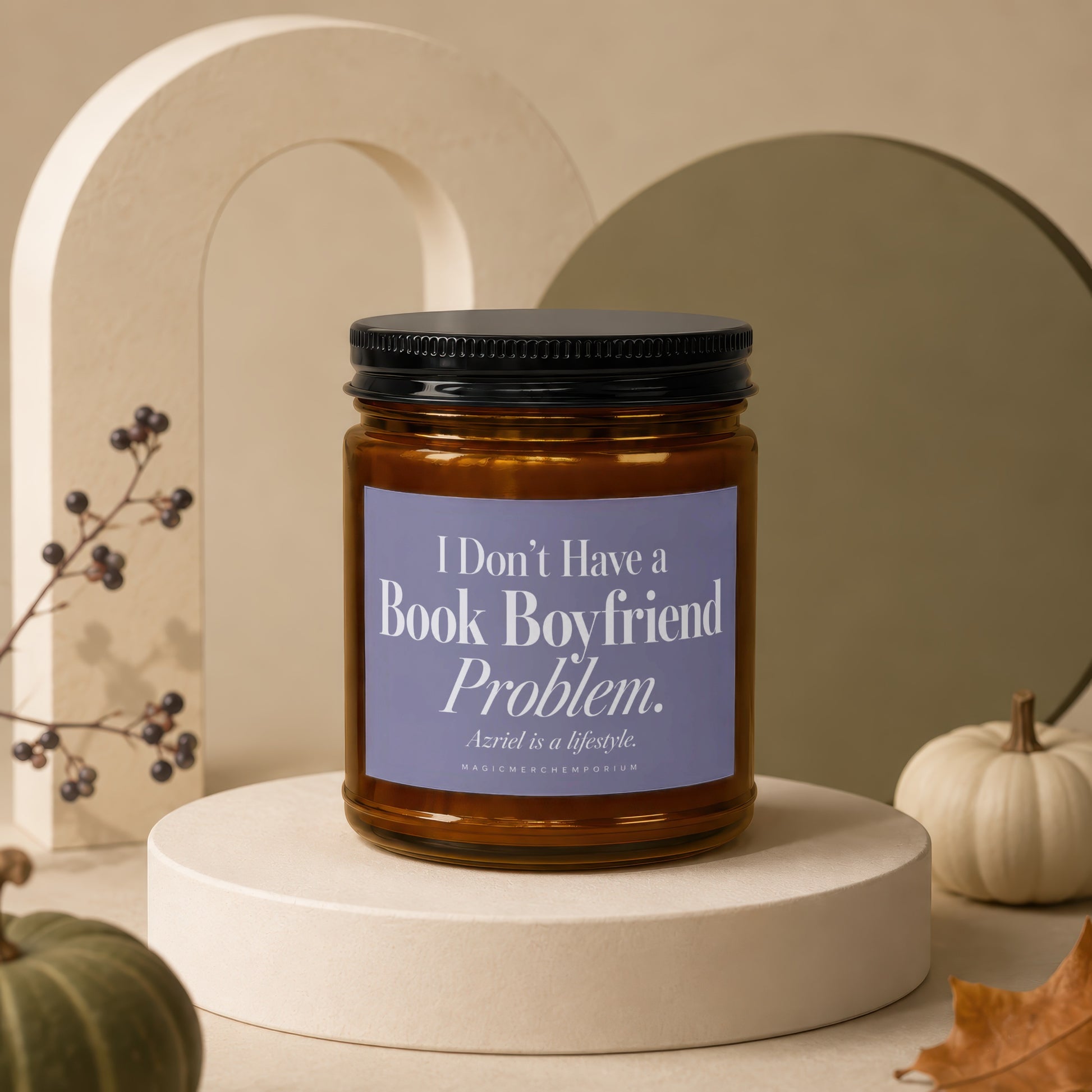 Amber candle with "I Don't Have a Book Boyfriend Problem." text.
