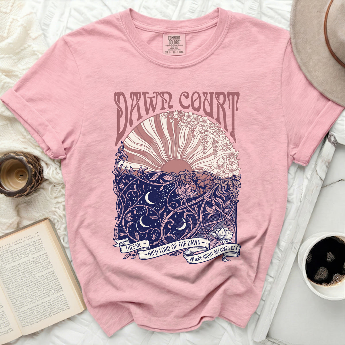 Pink t-shirt with "Dawn Court High Lord of the Dawn Where Night Becomes Day" graphic.