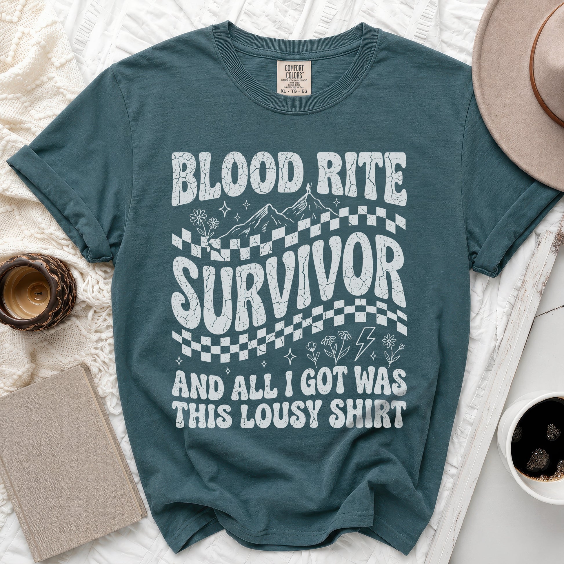 T-shirt with "Blood Rite Survivor And All I Got Was This Lousy Shirt" text.