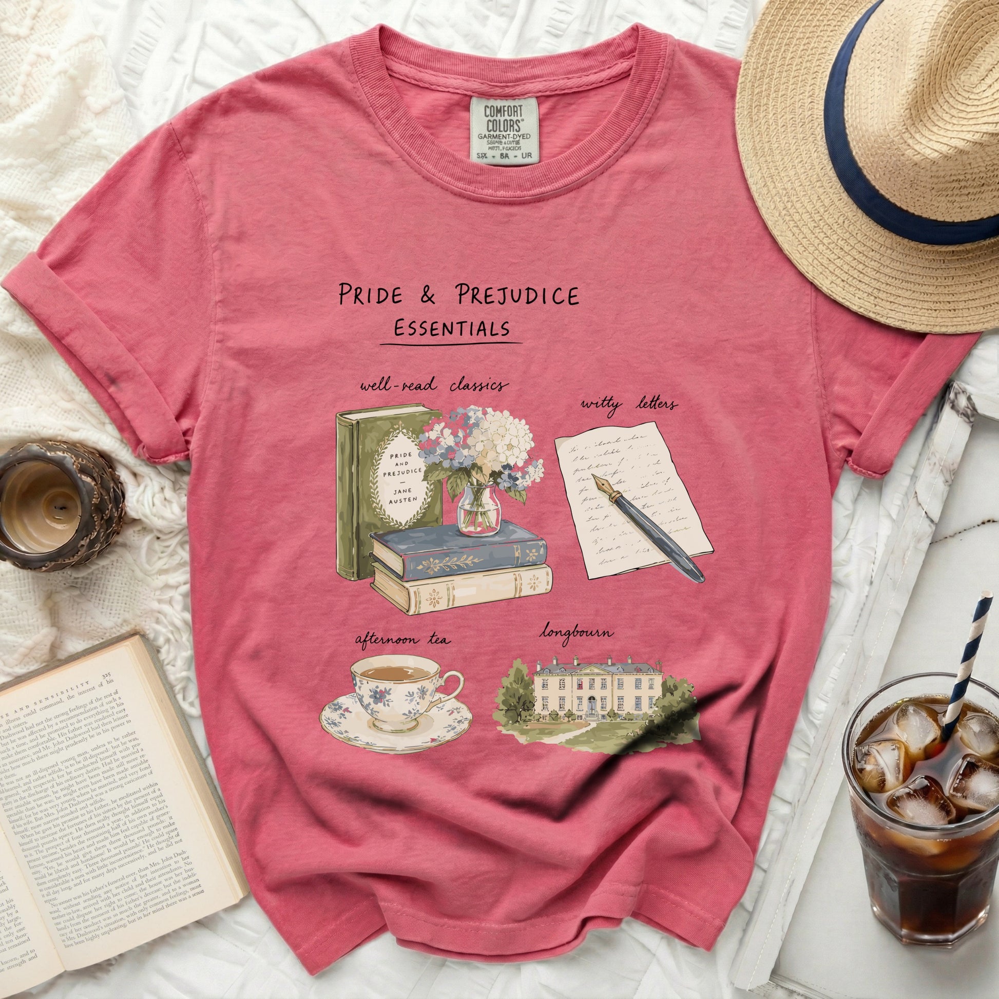 Pride & Prejudice Essentials graphic with books, flowers, tea, and building.