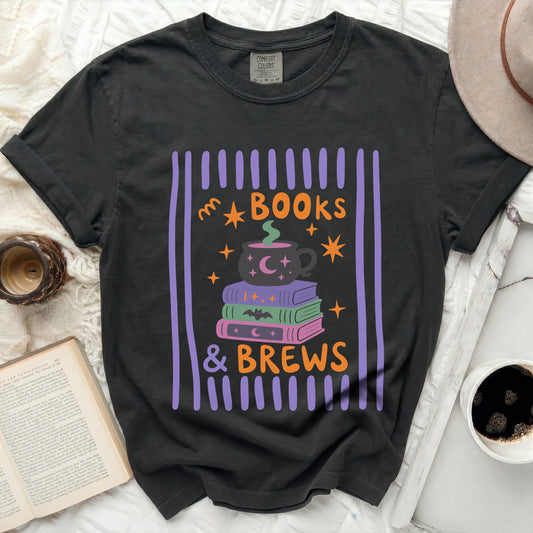 Black t-shirt with "Books & Brews" Halloween-themed graphic.