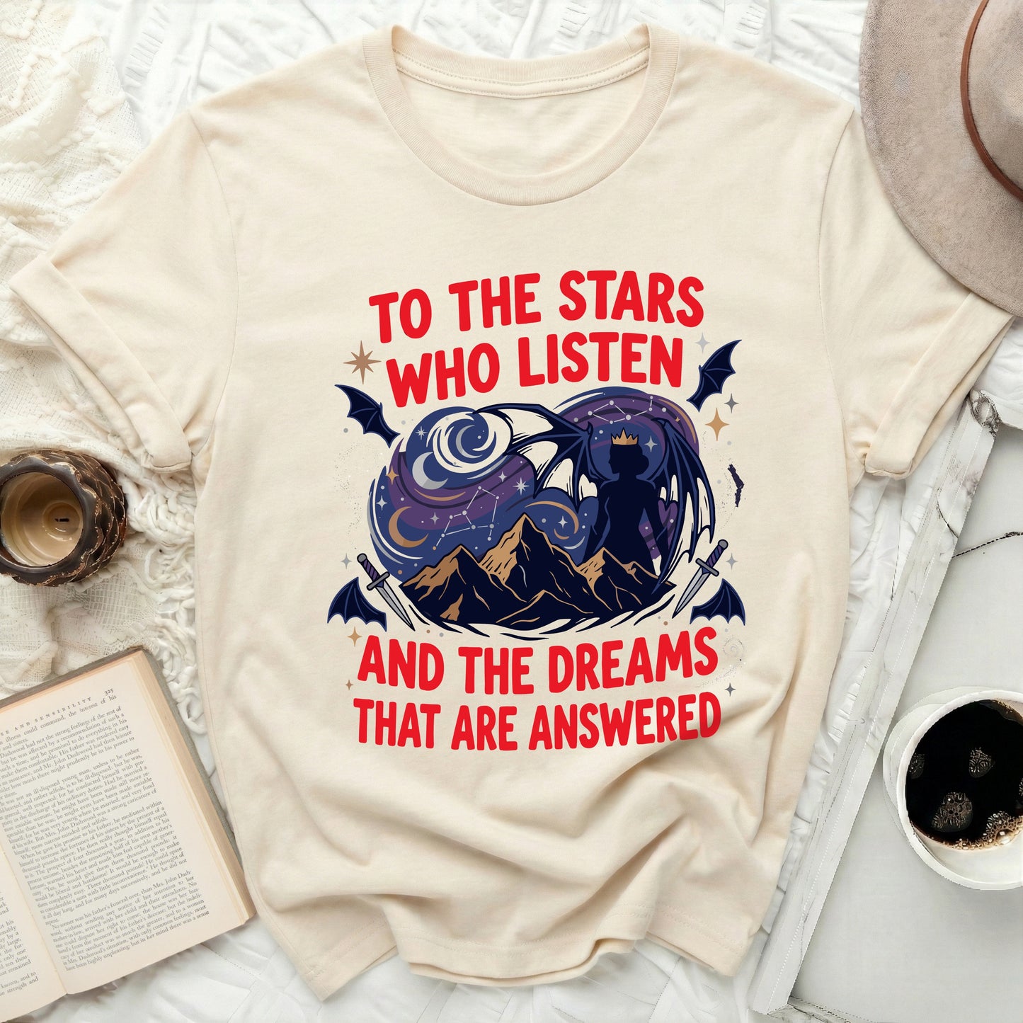 TO THE STARS WHO LISTEN AND THE DREAMS THAT ARE ANSWERED
Stars who listen quote
Dreams that are answered
Fantasy inspired
Dragon art
Night sky design
Constellation print
Bat wings graphic
Mystical aesthetic
Magical creature
Inner strength theme
Inspirational quote
Bookish design
Literary fan
Dark fantasy
Gothic style
Celestial motif
Unique graphic
Adventure theme
Mythical beast
Empowering message