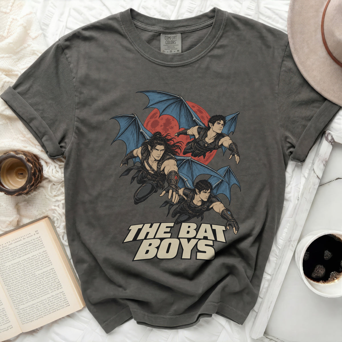 T-shirt with The Bat Boys and a red moon graphic.
