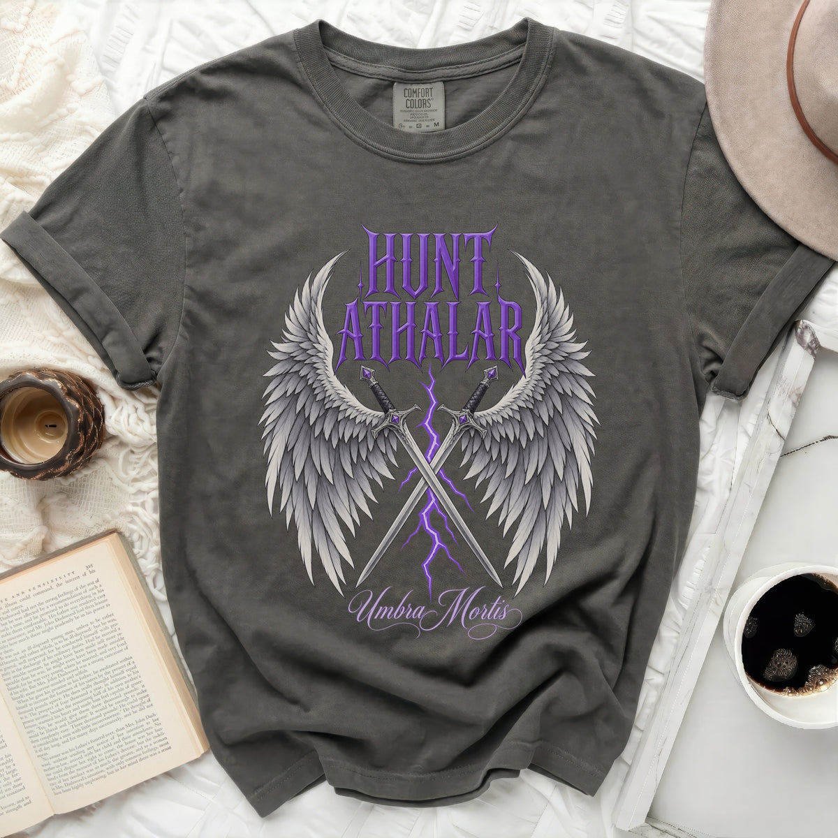Gray t-shirt with "Hunt Athalar Umbra Mortis" text, wings, swords, and lightning.