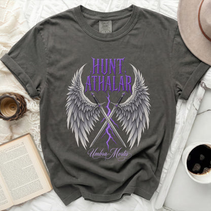 Gray t-shirt with "Hunt Athalar Umbra Mortis" text, wings, swords, and lightning.