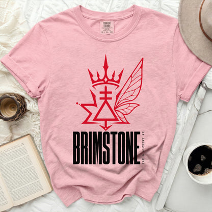 Pink t-shirt with "BRIMSTONE FAE & ALCHEMY #2" graphic.