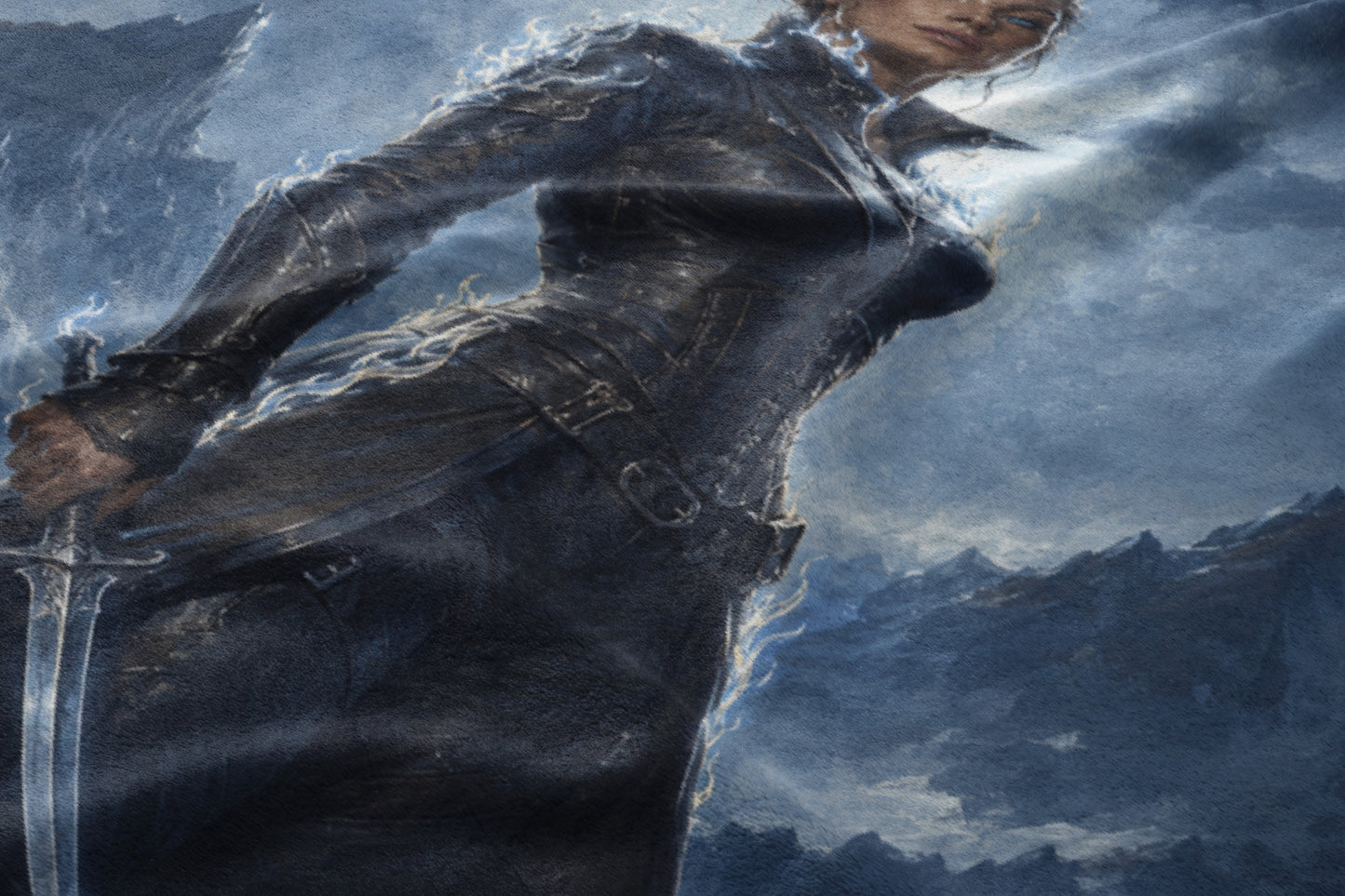 A woman in dark armor holds a sword against a stormy, mountainous background.