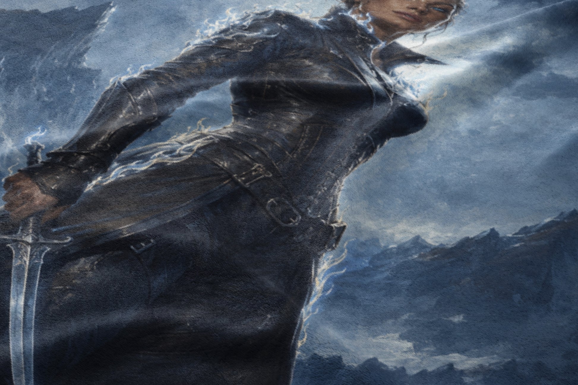 A woman in dark armor holds a sword against a stormy, mountainous background.