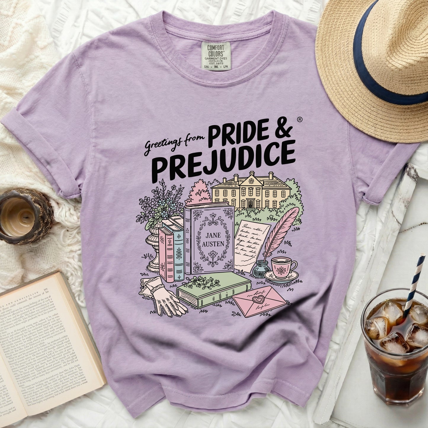 Purple Comfort Colors t-shirt with Pride and Prejudice book illustration.