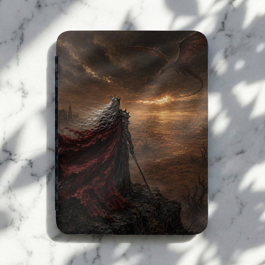 Figure with crown and sword stands on cliff overlooking wasteland with dragon flying in sky.