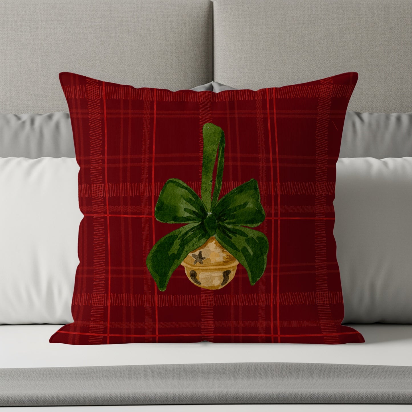 Festive Red Plaid Pillow with Green Bow and Bell Design