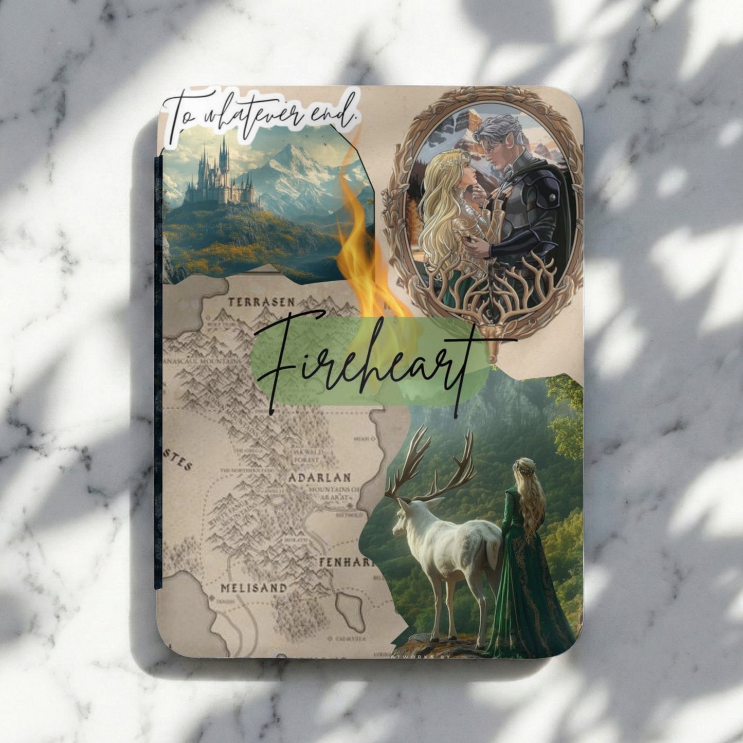 Collage featuring a castle, couple, map, and stag with text "Fireheart".