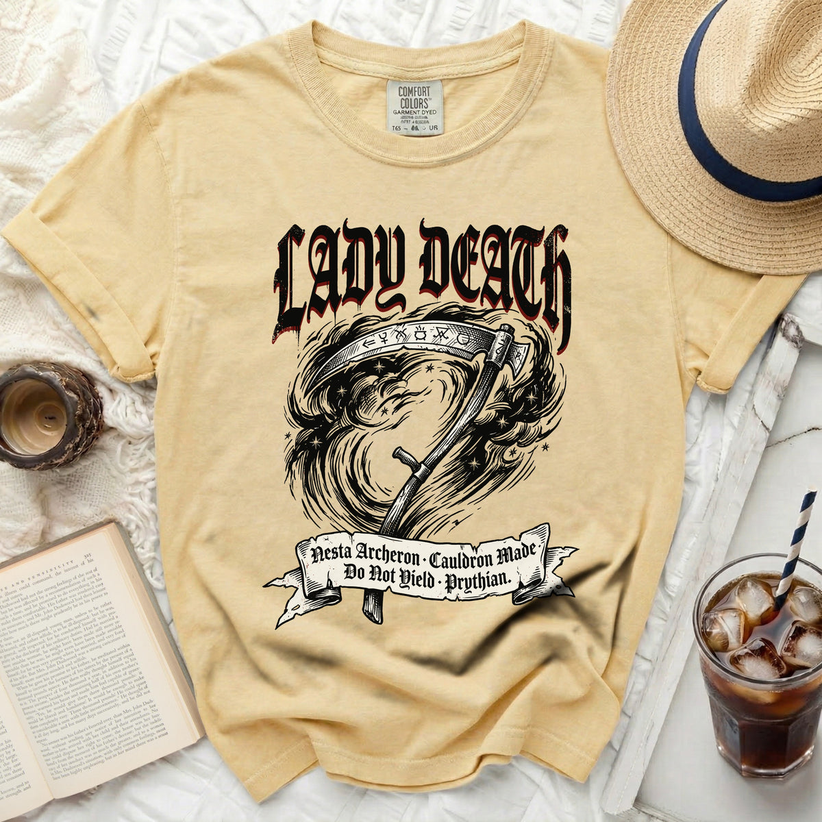 Yellow t-shirt with "Lady Death" and scythe graphic, "Nesta Archeron Cauldron Made Do Not Yield Prythian".