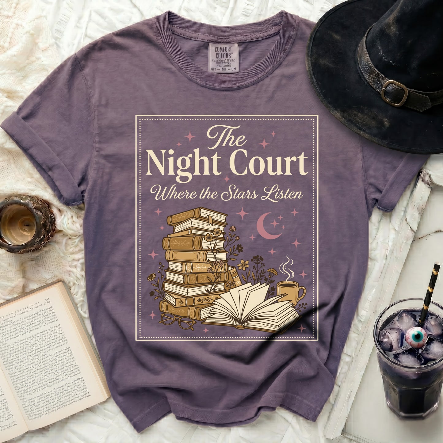 The Night Court Where the Stars Listen t-shirt design with books.