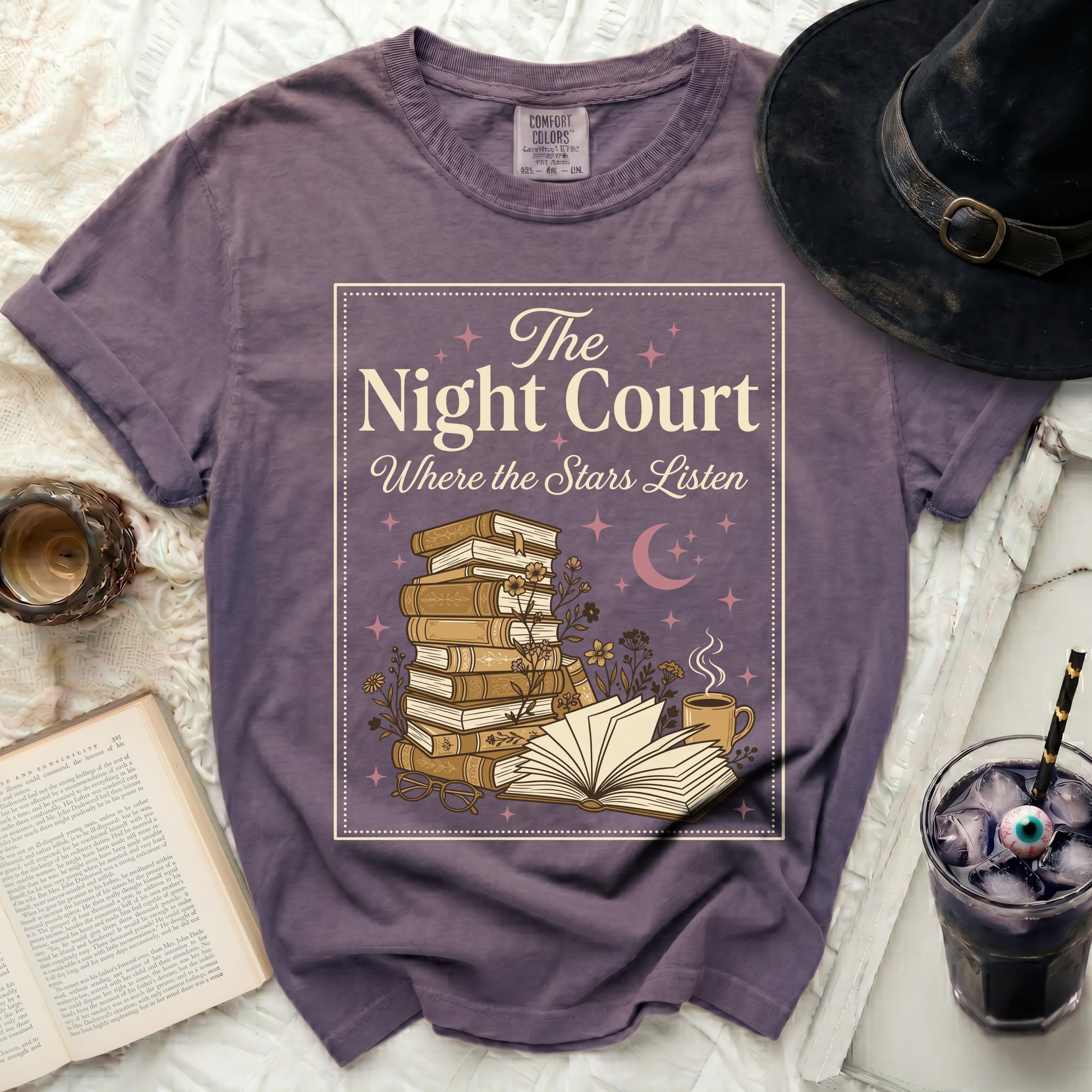The Night Court Where the Stars Listen t-shirt design with books.