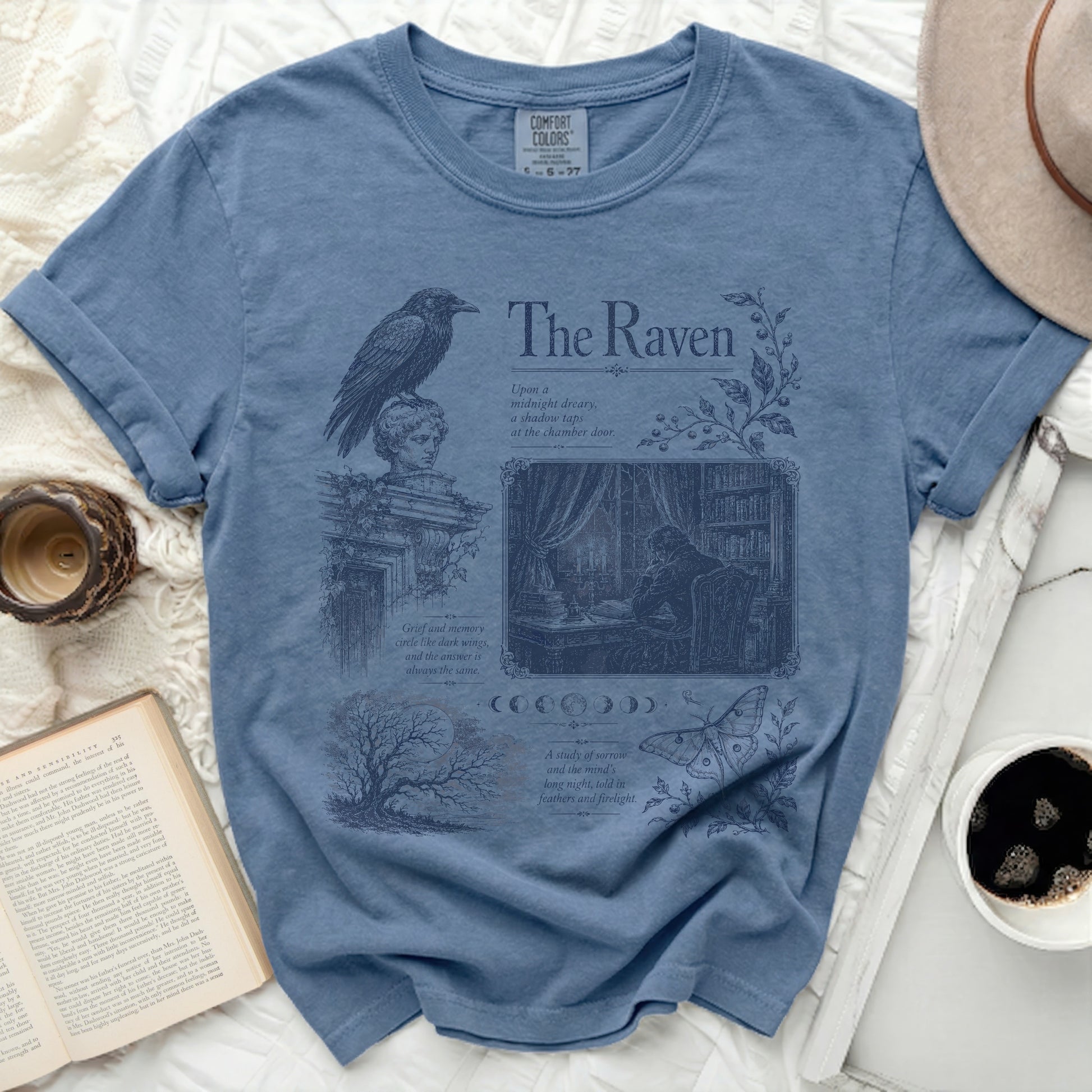 Blue t-shirt with Poe's "The Raven" text and illustrations: raven, bust, room.