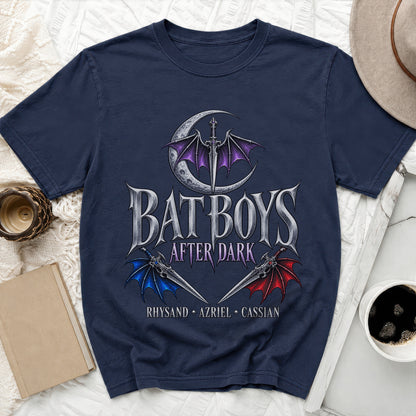 Navy t-shirt with "Bat Boys After Dark" and character names.