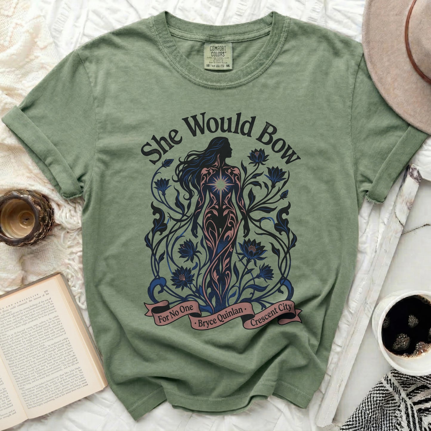 Green t-shirt with "She Would Bow" and "Bryce Quinlan Crescent City" text.