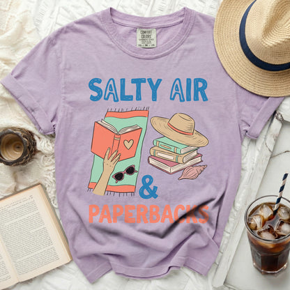 T-shirt with "Salty Air & Paperbacks" text and book illustration.