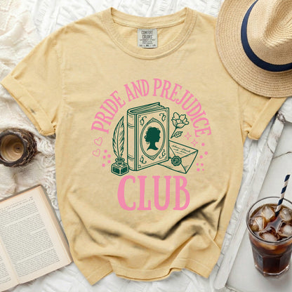 Yellow t-shirt with "Pride and Prejudice Club" book graphic.
