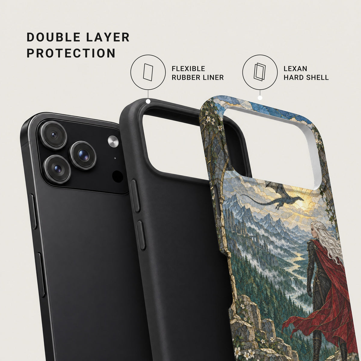Diagram showing a smartphone case with double-layer protection, featuring a flexible rubber liner and Lexan hard shell.
