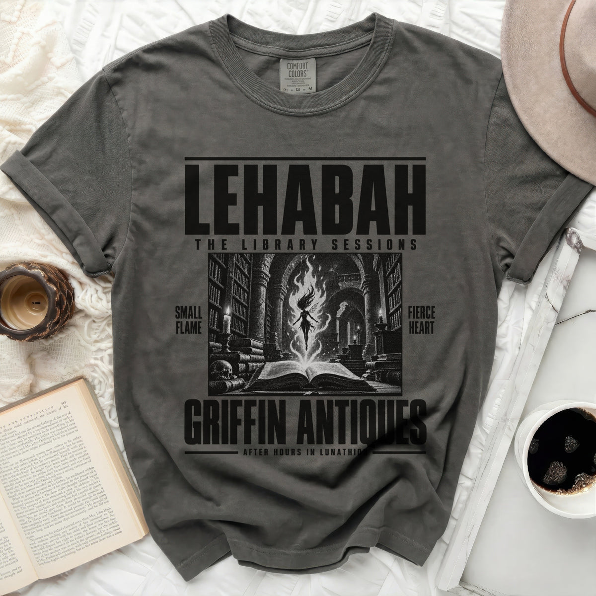 Dark grey t-shirt with "LEHABAH THE LIBRARY SESSIONS" and graphic.