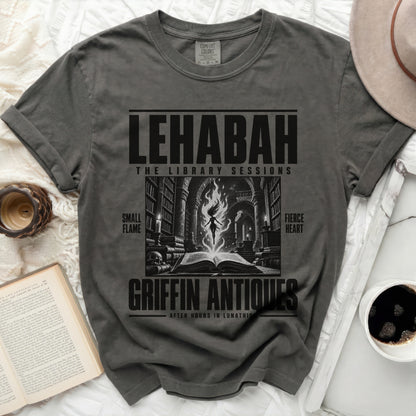 Dark grey t-shirt with "LEHABAH THE LIBRARY SESSIONS" and graphic.