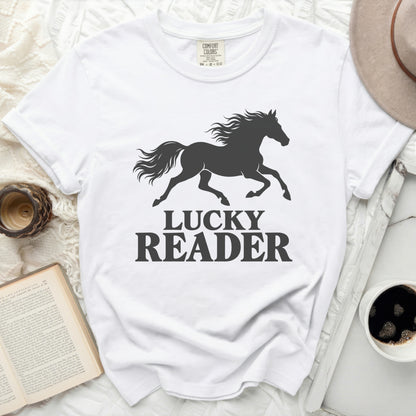 White t-shirt with black running horse and "LUCKY READER" text.
