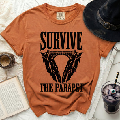 Orange t-shirt with "SURVIVE THE PARAPET" graphic and bridge illustration.
