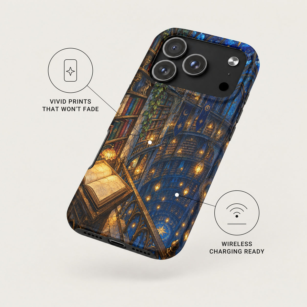 Black smartphone case featuring a fantasy library design, highlighting fade-resistant printing and wireless charging capability.