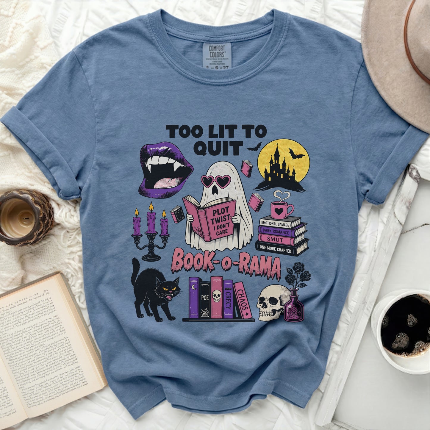 Blue shirt with "Too Lit to Quit" and "Book-o-Rama" graphics.