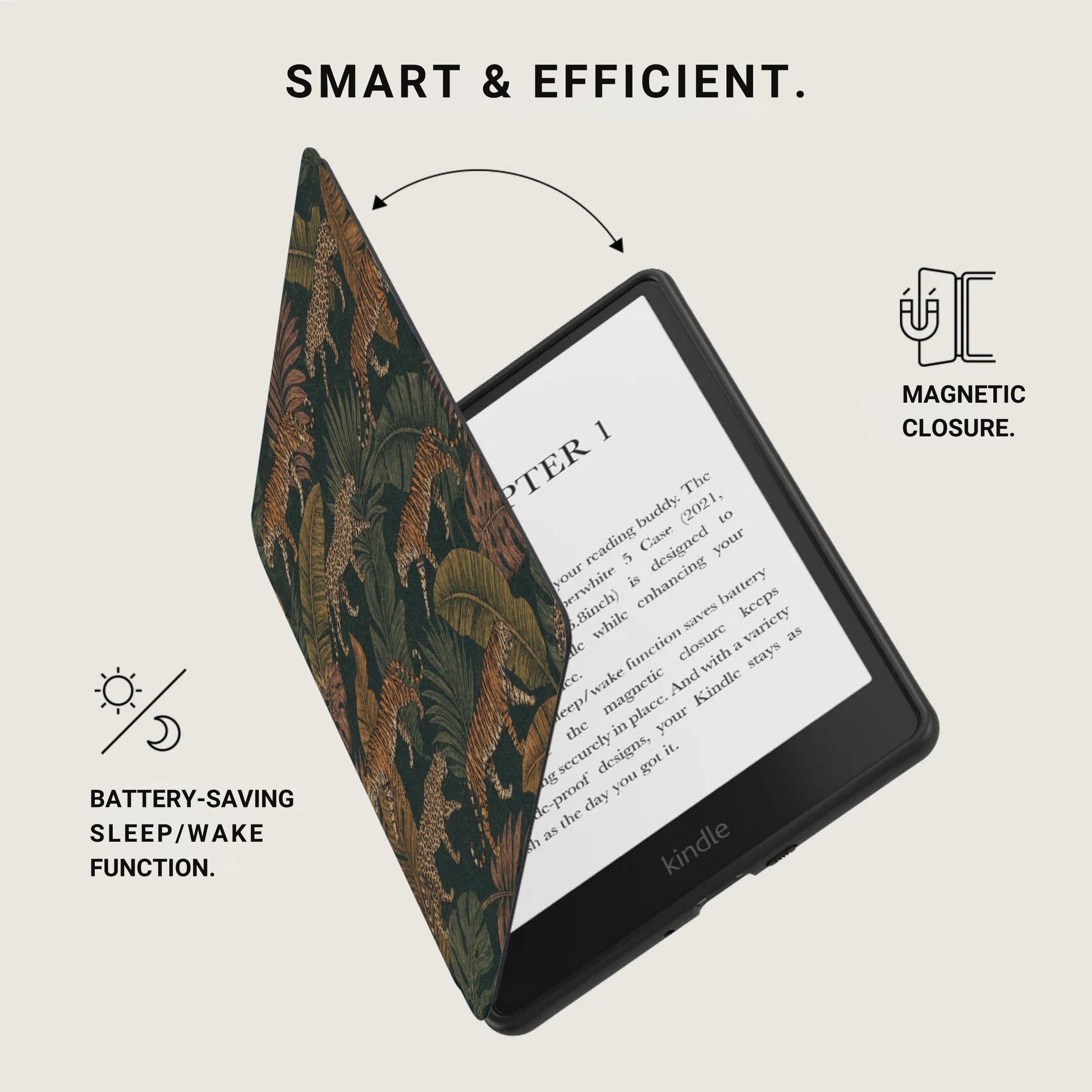 E-reader with a vibrant tiger and leaf pattern cover, magnetic closure, and battery-saving function.