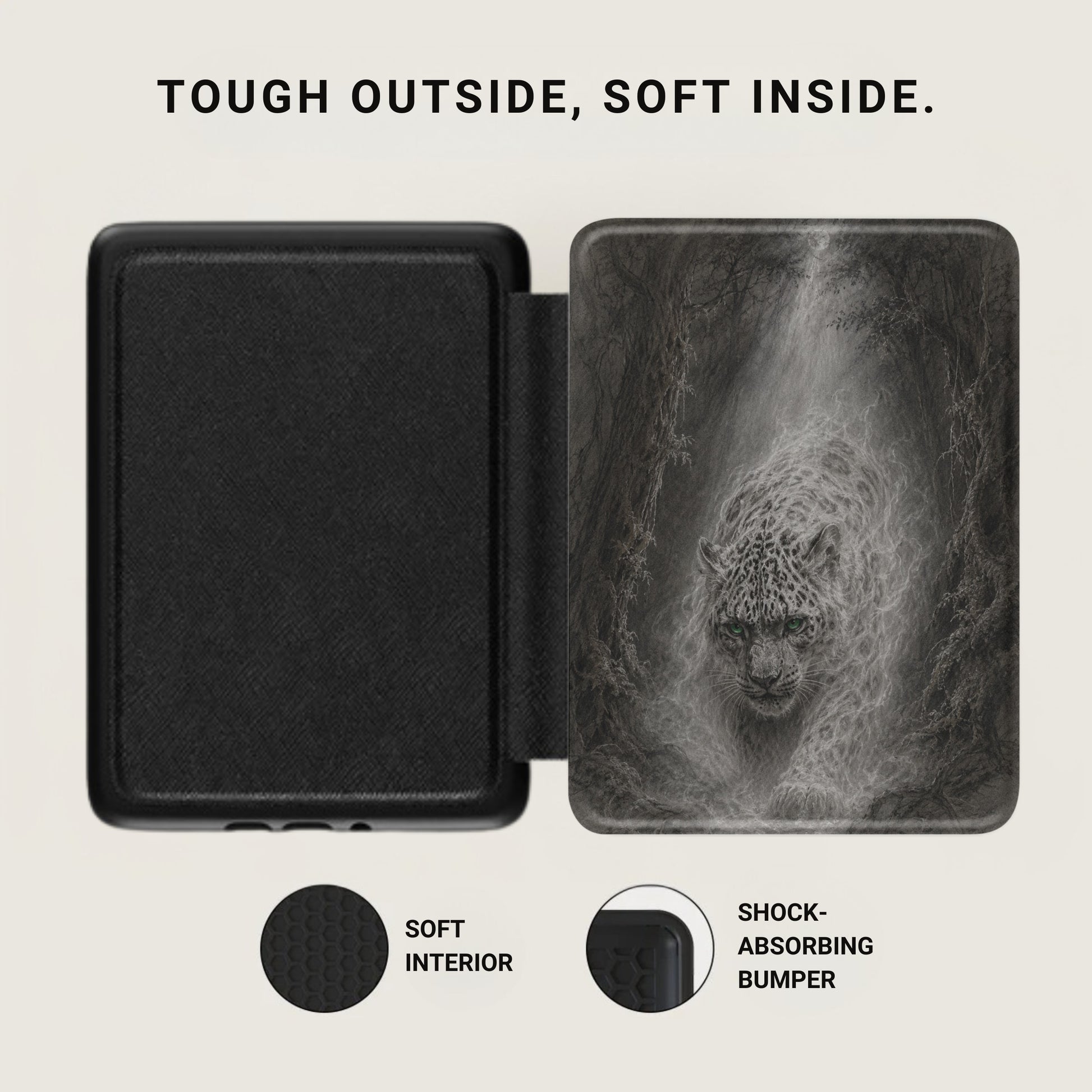 Black case with a snow leopard design, soft interior, and shock-absorbing bumper.