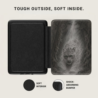Black case with a snow leopard design, soft interior, and shock-absorbing bumper.