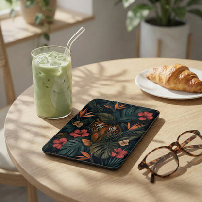 Tablet with tiger in lush jungle foliage design, near drink and croissant.