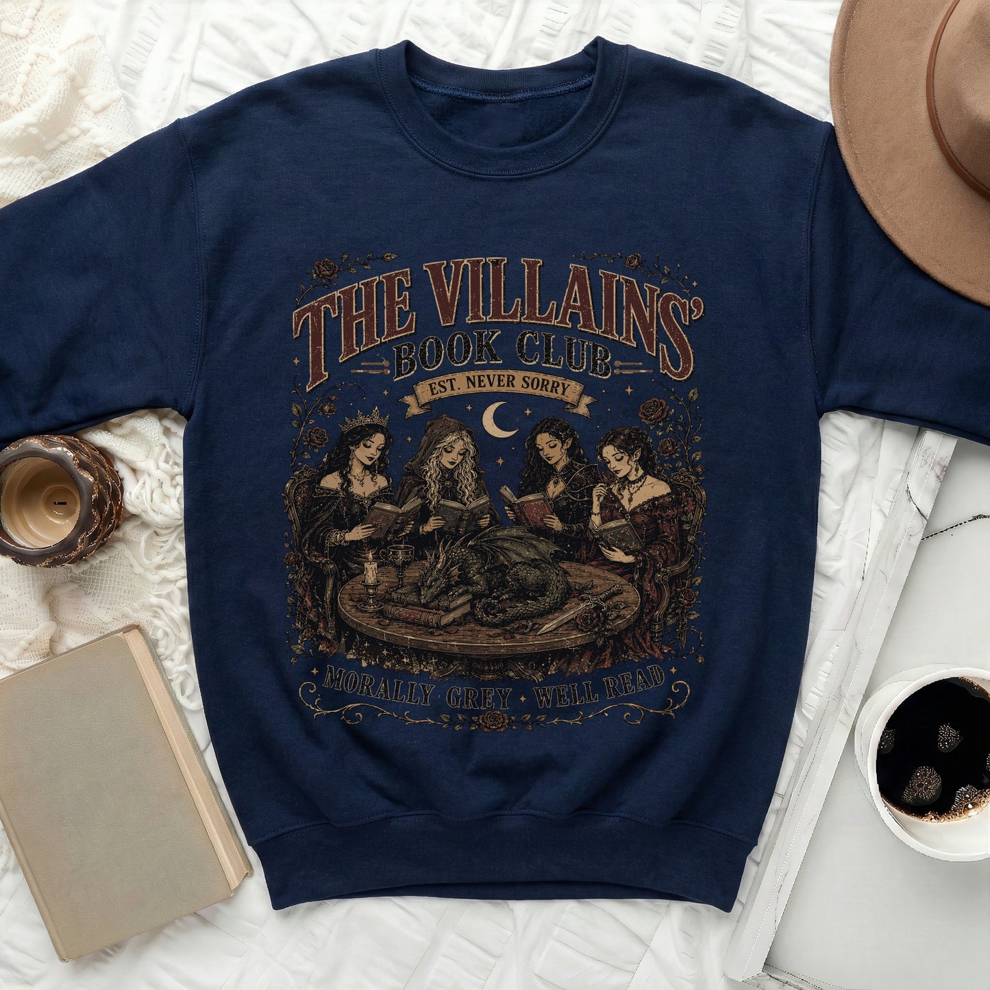 Navy sweatshirt with "The Villain's Book Club" graphic and "Morally Grey Well Read" text.