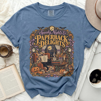 Comfort Colors blue t-shirt with "Spooky Nights & Paperback Delights" Halloween graphic.