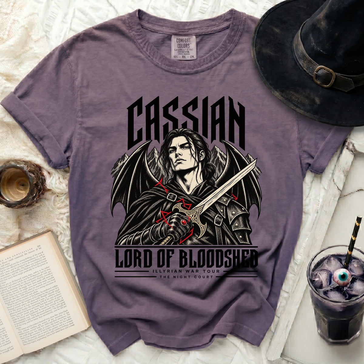 Purple t-shirt featuring Cassian, Lord of Bloodshed from Illyrian War Tour.