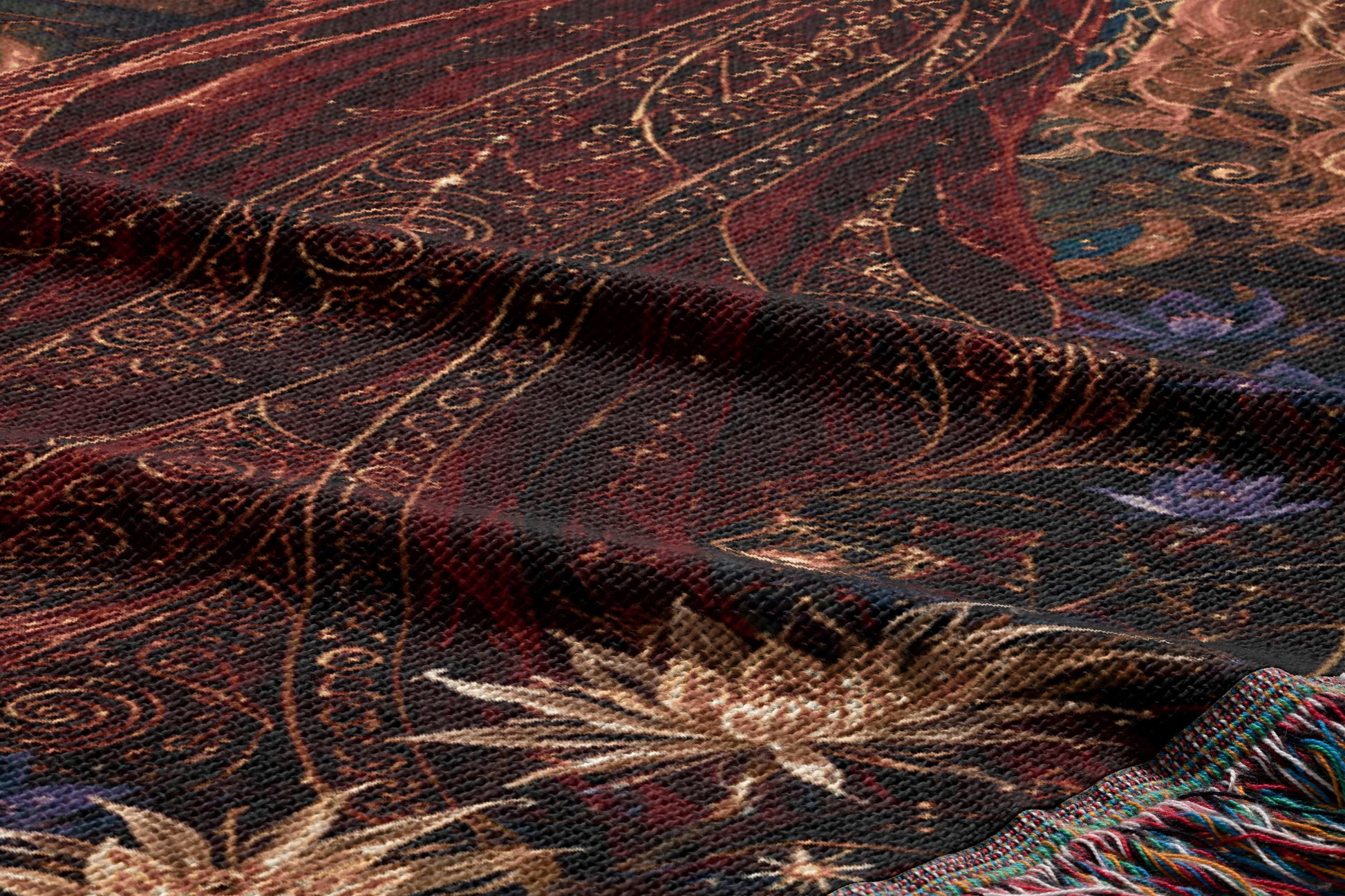 The image is a close-up view of a textured fabric with a floral pattern, featuring a mix of red, gold, and blue colors.