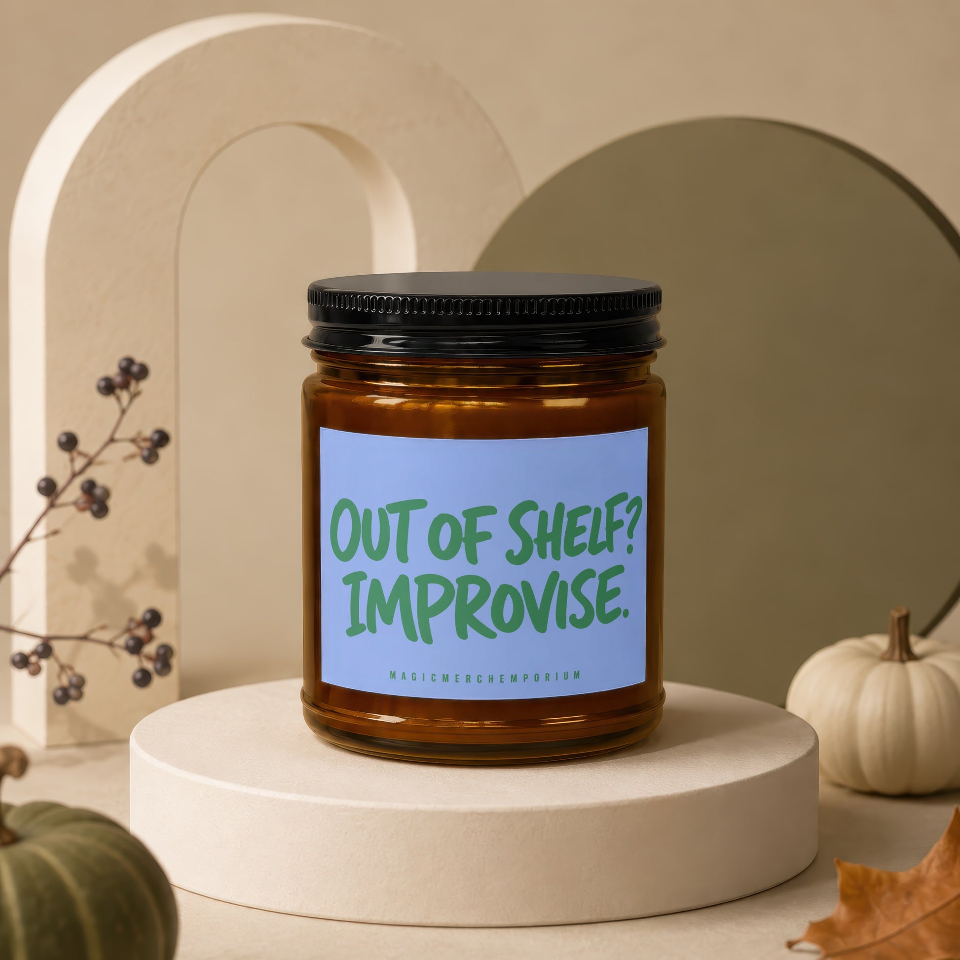 Amber glass candle with blue label reading "OUT OF SHELF? IMPROVISE.".
