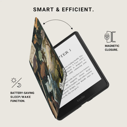 Kindle with magnetic closure, battery-saving sleep/wake, and illustrated cover.
