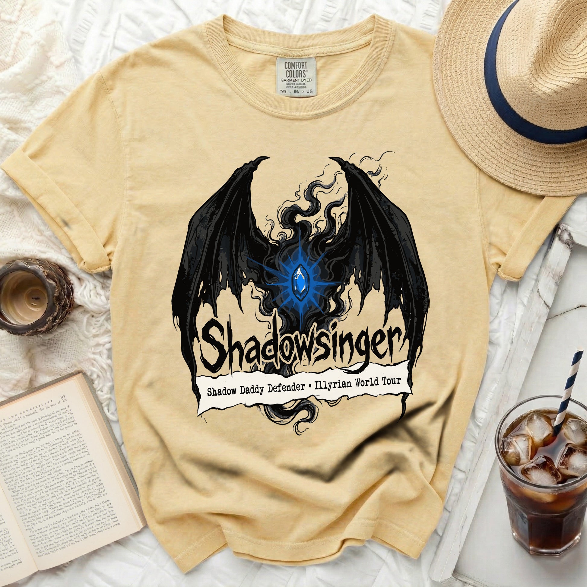 Yellow Comfort Colors shirt with "Shadowsinger" graphic and text.