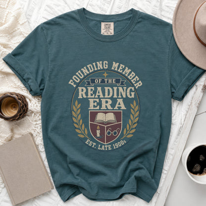 Teal t-shirt with "Founding Member of the Reading Era Est. Late 1900s" graphic.