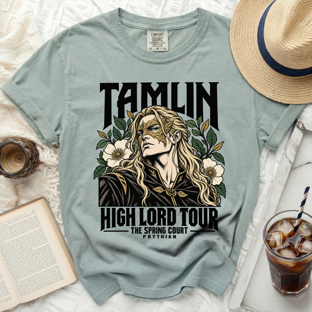 Green t-shirt with "Tamlin High Lord Tour The Spring Court Prythian" graphics.