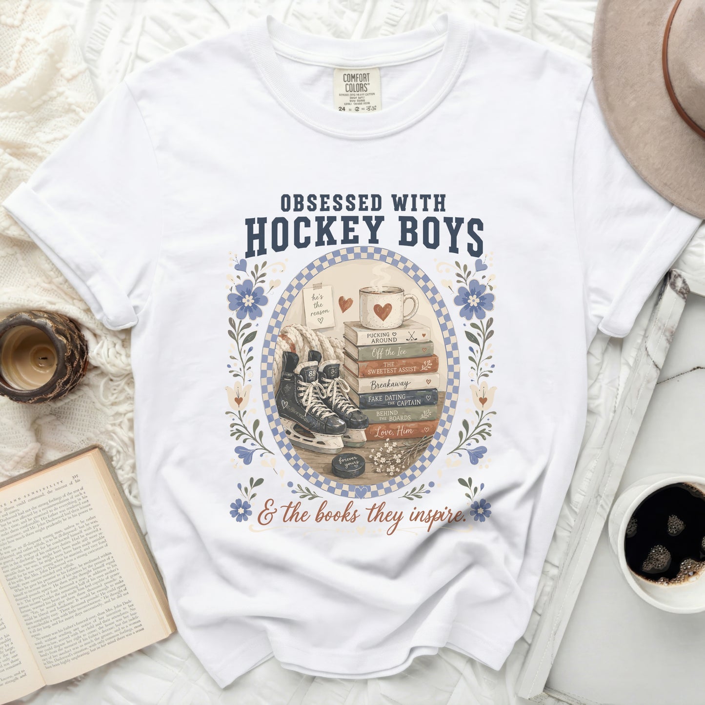 T-shirt with "Obsessed With Hockey Boys" text, skates, and books.