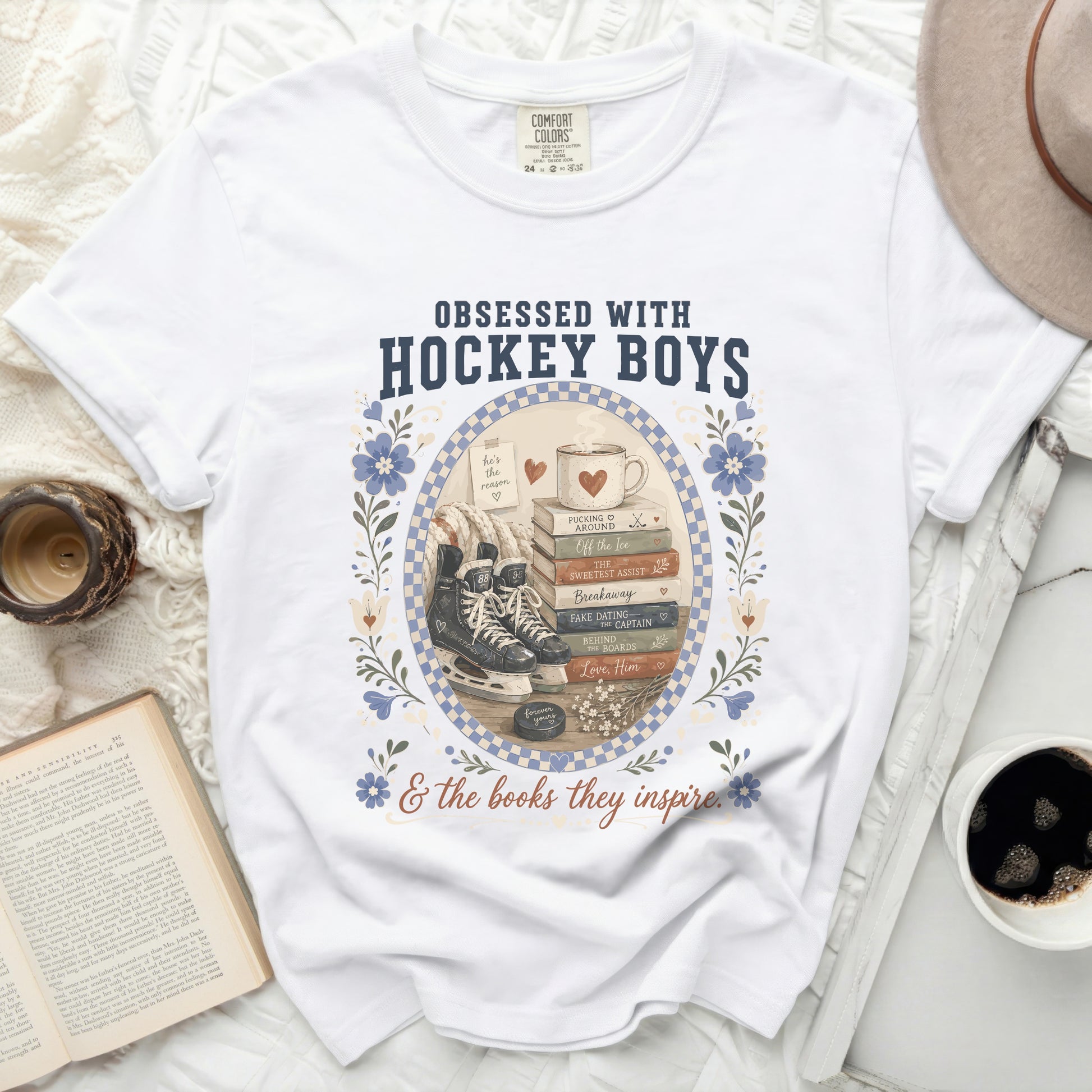 T-shirt with "Obsessed With Hockey Boys" text, skates, and books.