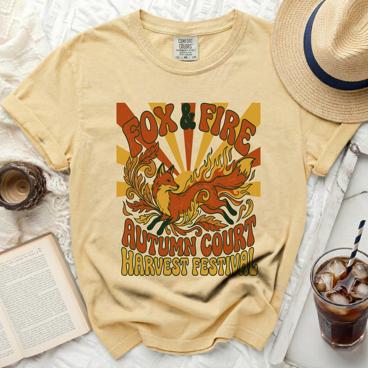 Yellow t-shirt with "Fox & Fire Autumn Court Harvest Festival" graphic.