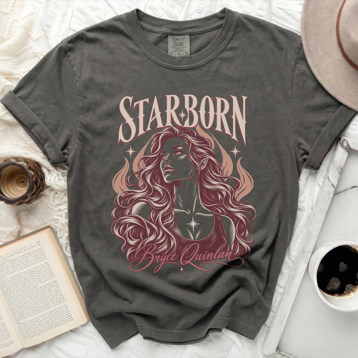 Dark grey t-shirt with "STARBORN" and "Bryce Quinlan" graphic of a woman.