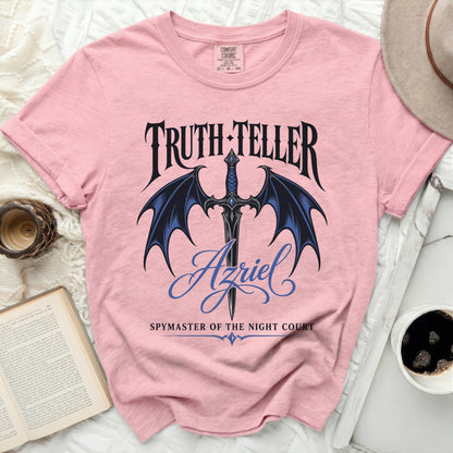 Pink t-shirt with "Truth-Teller, Azriel, Spymaster of the Night Court" text.